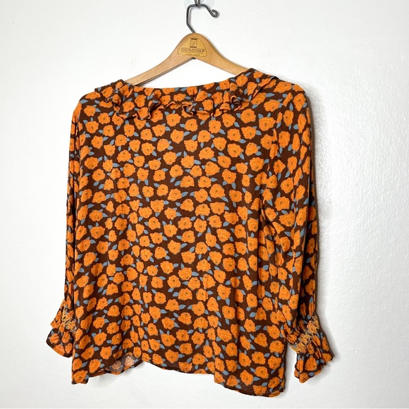 Studio B By Bobeau Orange Floral Print Boxy 3/4 Sleeve Blouse Small S - Picture 6 of 6